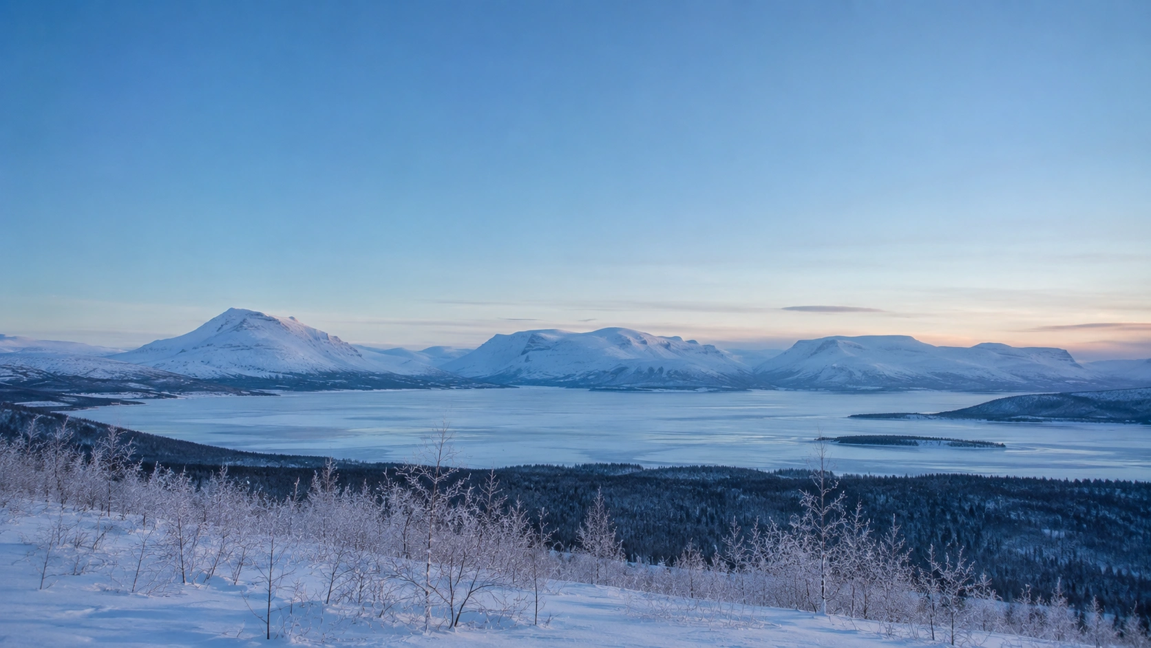 Abisko winter landscape with Lake Tornetrask in Swedish Lapland