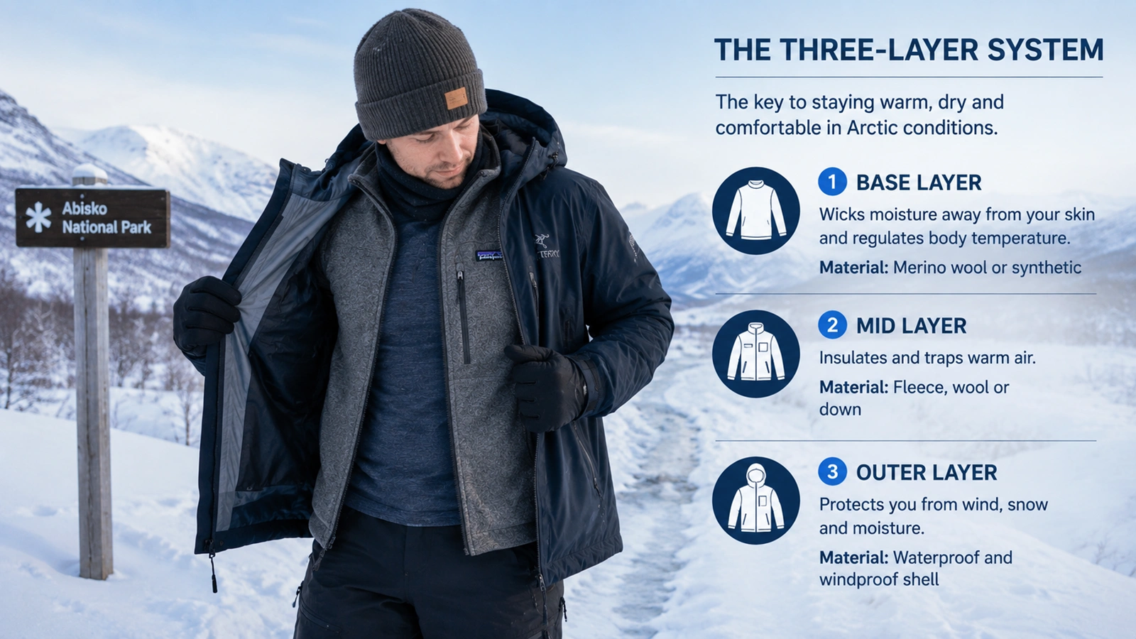 Three-layer clothing system for winter travel in Swedish Lapland