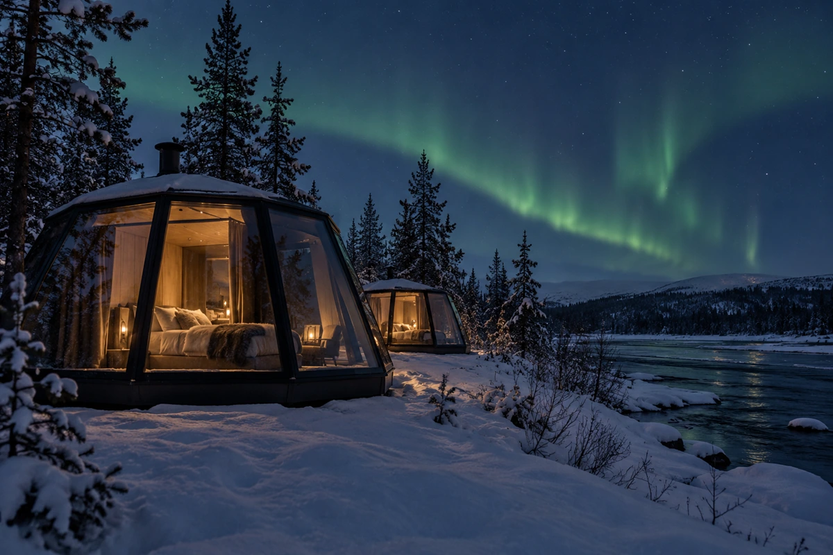 Glass igloo at Aurora River Camp outside Kiruna overlooking the snowy Torne River beneath the Arctic sky.