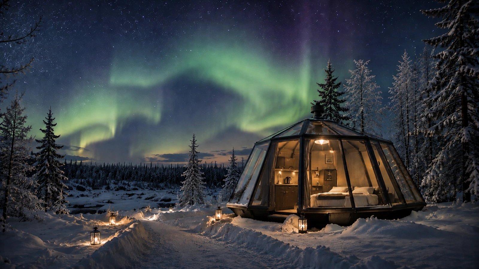 Glass igloo at Aurora River Camp under Northern Lights near Kiruna in Swedish Lapland