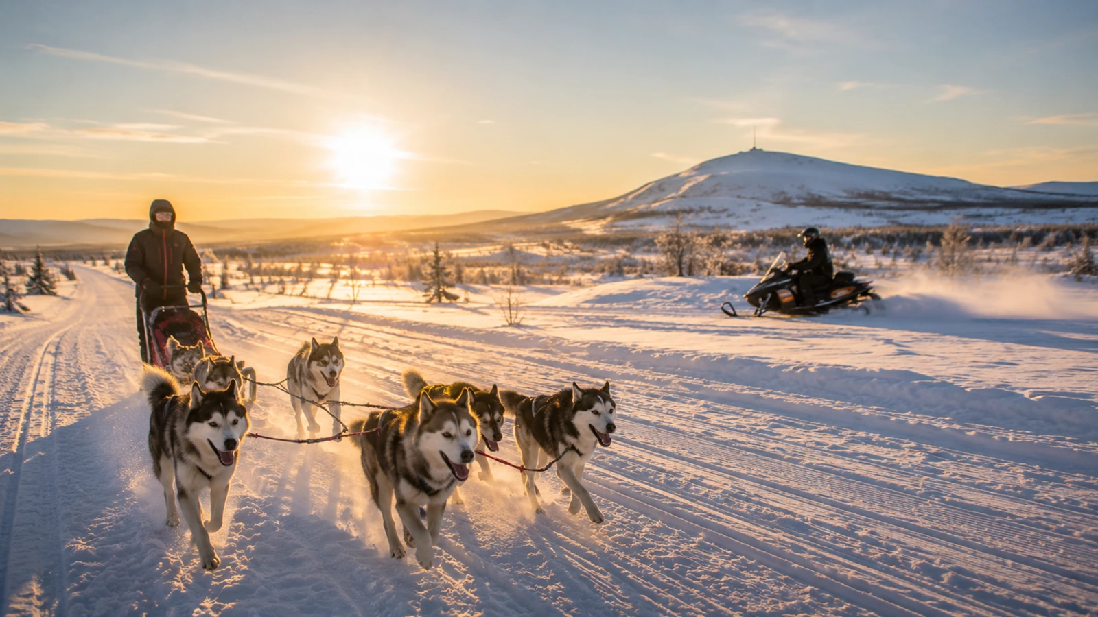Dog sledding or snowmobile tour in Kiruna during March with longer daylight and good snow conditions