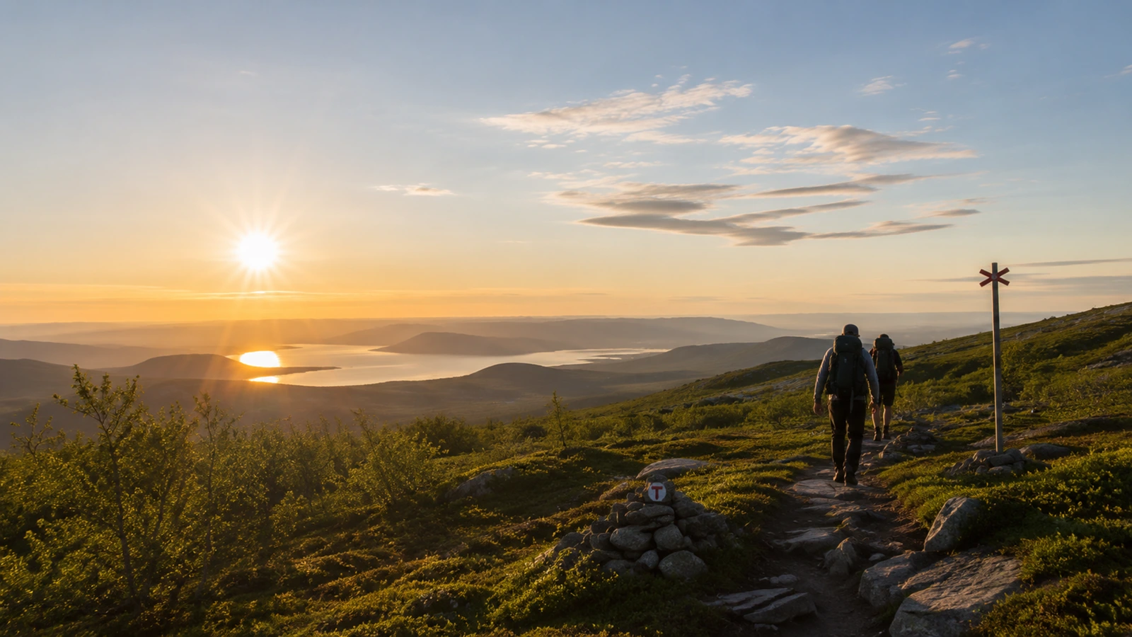 Midnight sun over Kiruna with green nature and hiking trails in Swedish Lapland