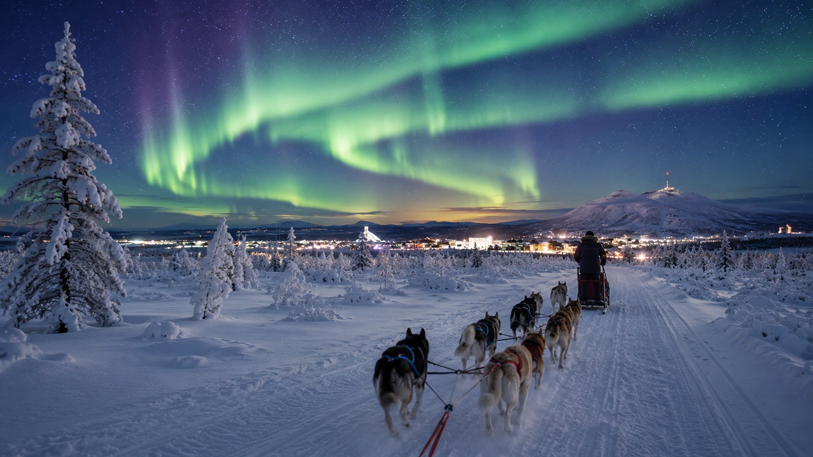 Snow-covered Kiruna landscape with winter light and Northern Lights atmosphere in Swedish Lapland