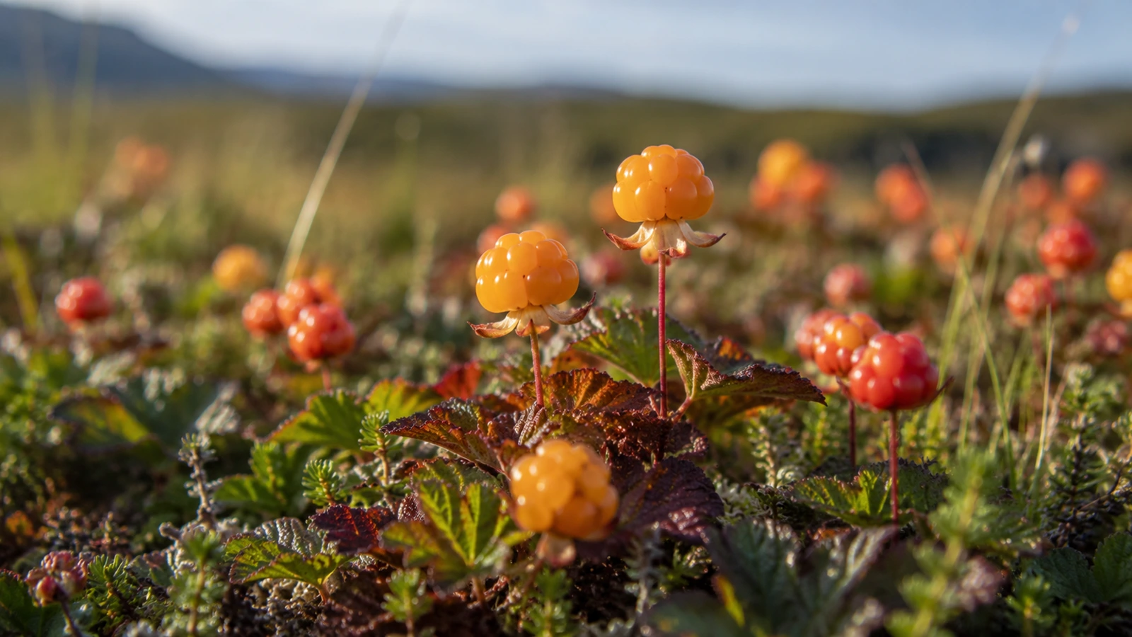 Wild cloudberries growing in Swedish Lapland