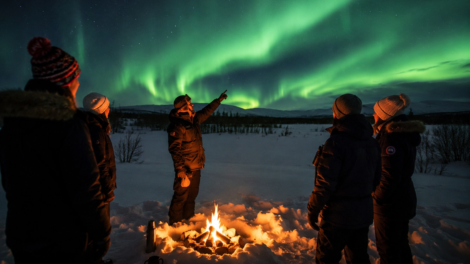 Small group enjoying a guided Northern Lights tour near Kiruna in Swedish Lapland