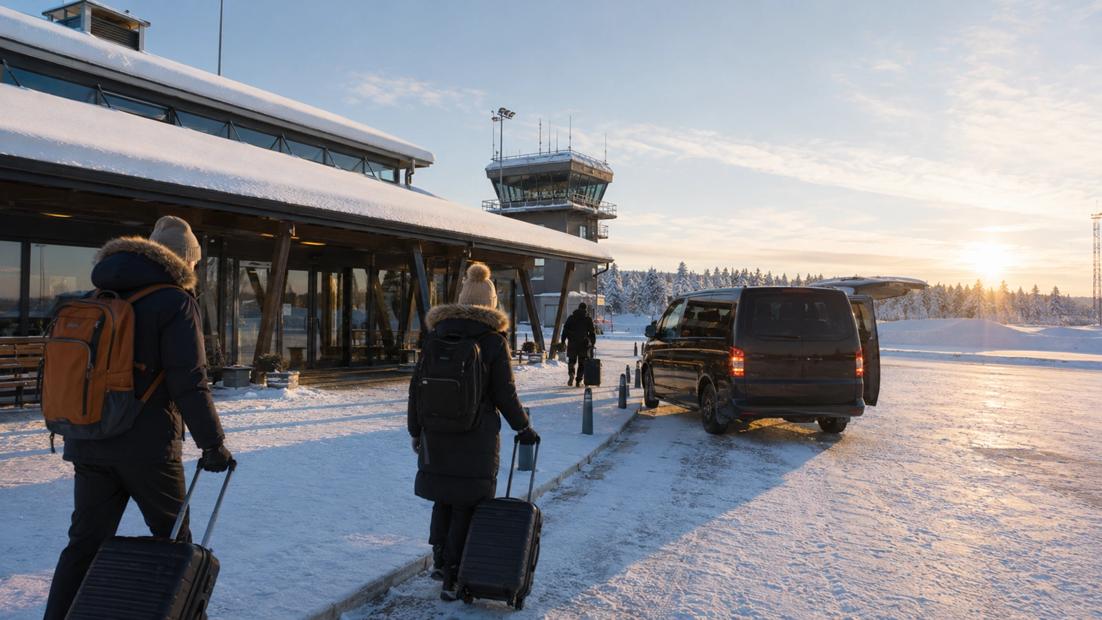 Travelers arriving at Kiruna Airport preparing transport transfer into Swedish Lapland winter landscape