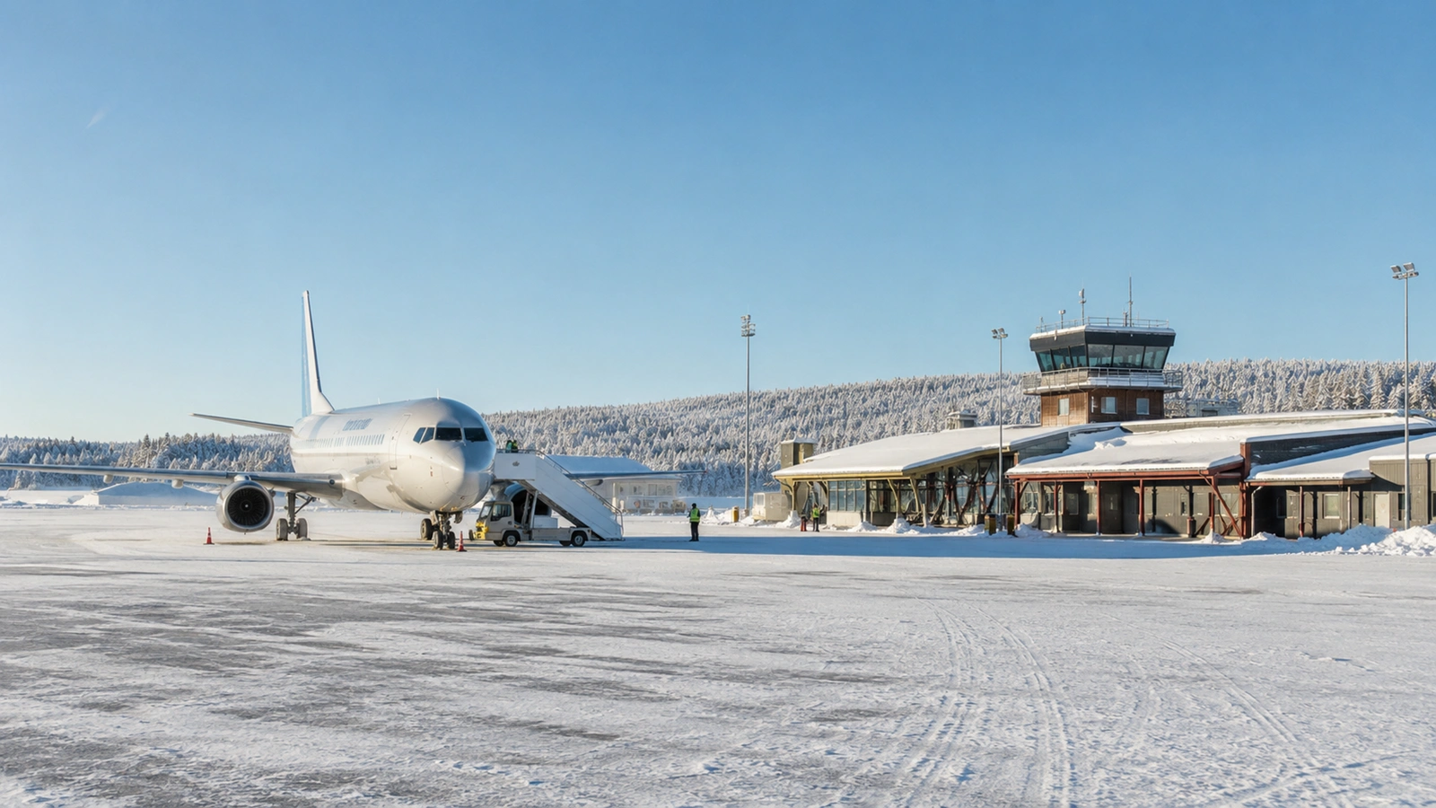 Airplane arriving at Kiruna Airport surrounded by snowy Arctic landscape in northern Sweden