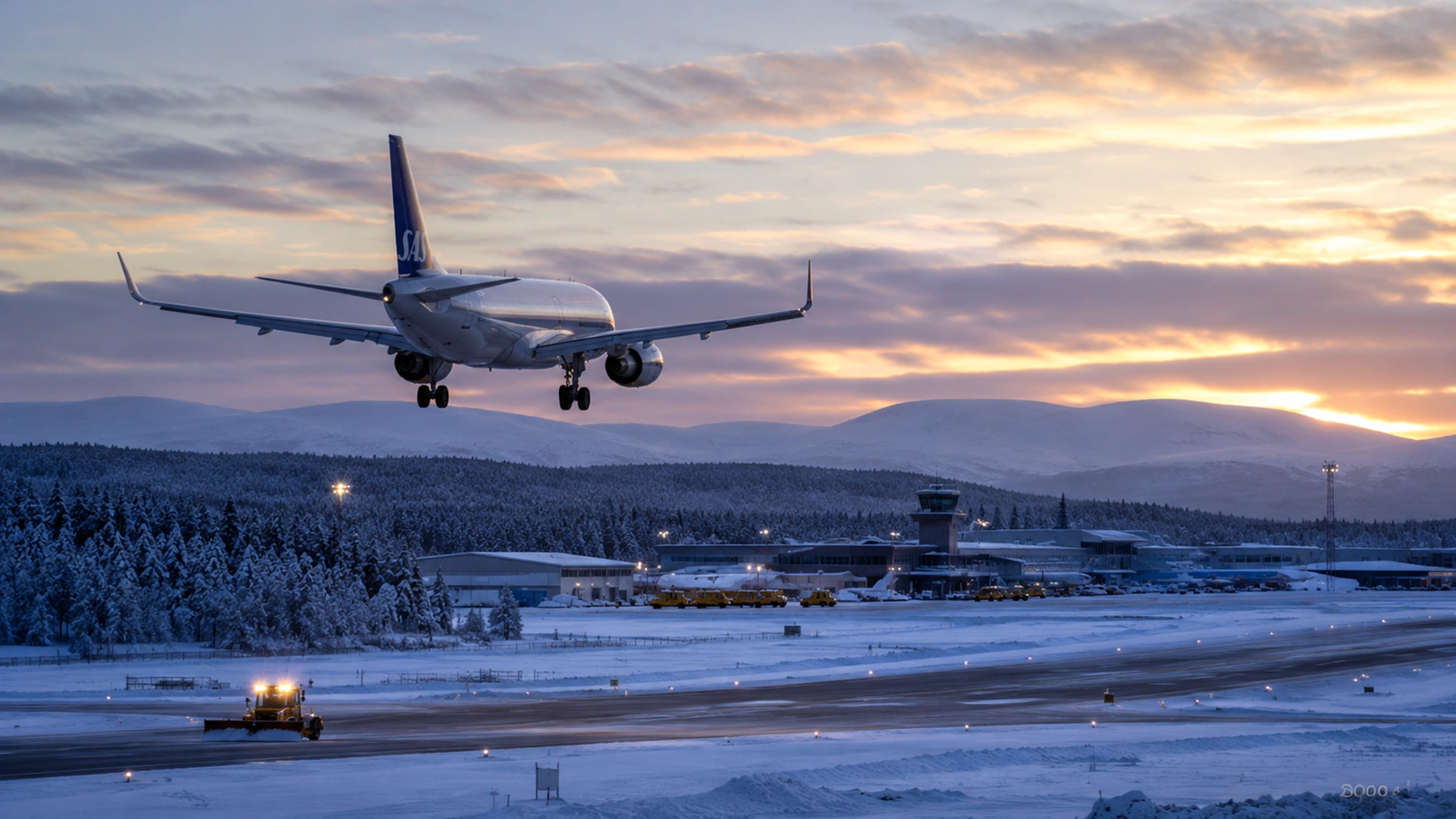 International travelers arriving in Kiruna Sweden through Stockholm connection, Arctic airport, flights and winter travel routes to Swedish Lapland