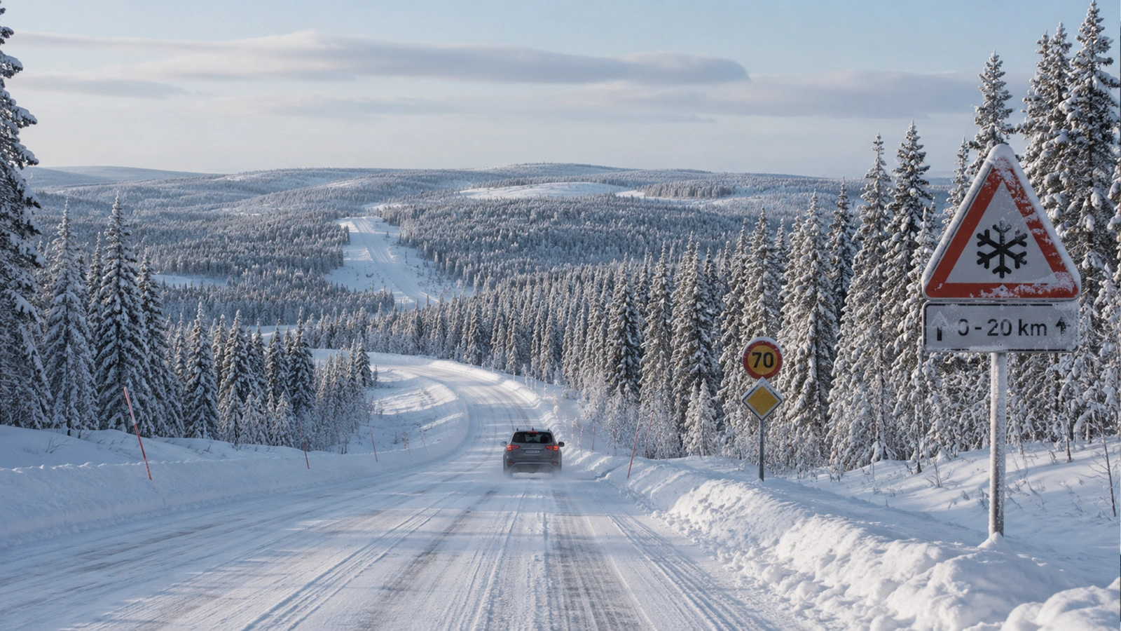 Winter roads in Swedish Lapland showing Arctic driving conditions near Kiruna during snow season