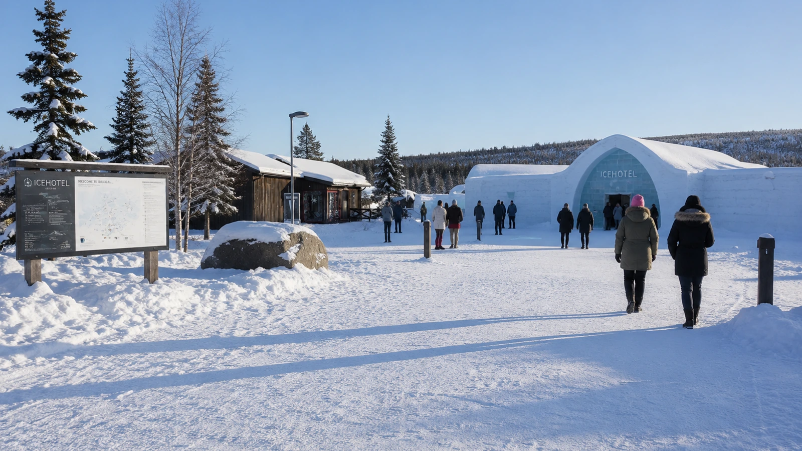 Visitors exploring ICEHOTEL during a day trip from Kiruna