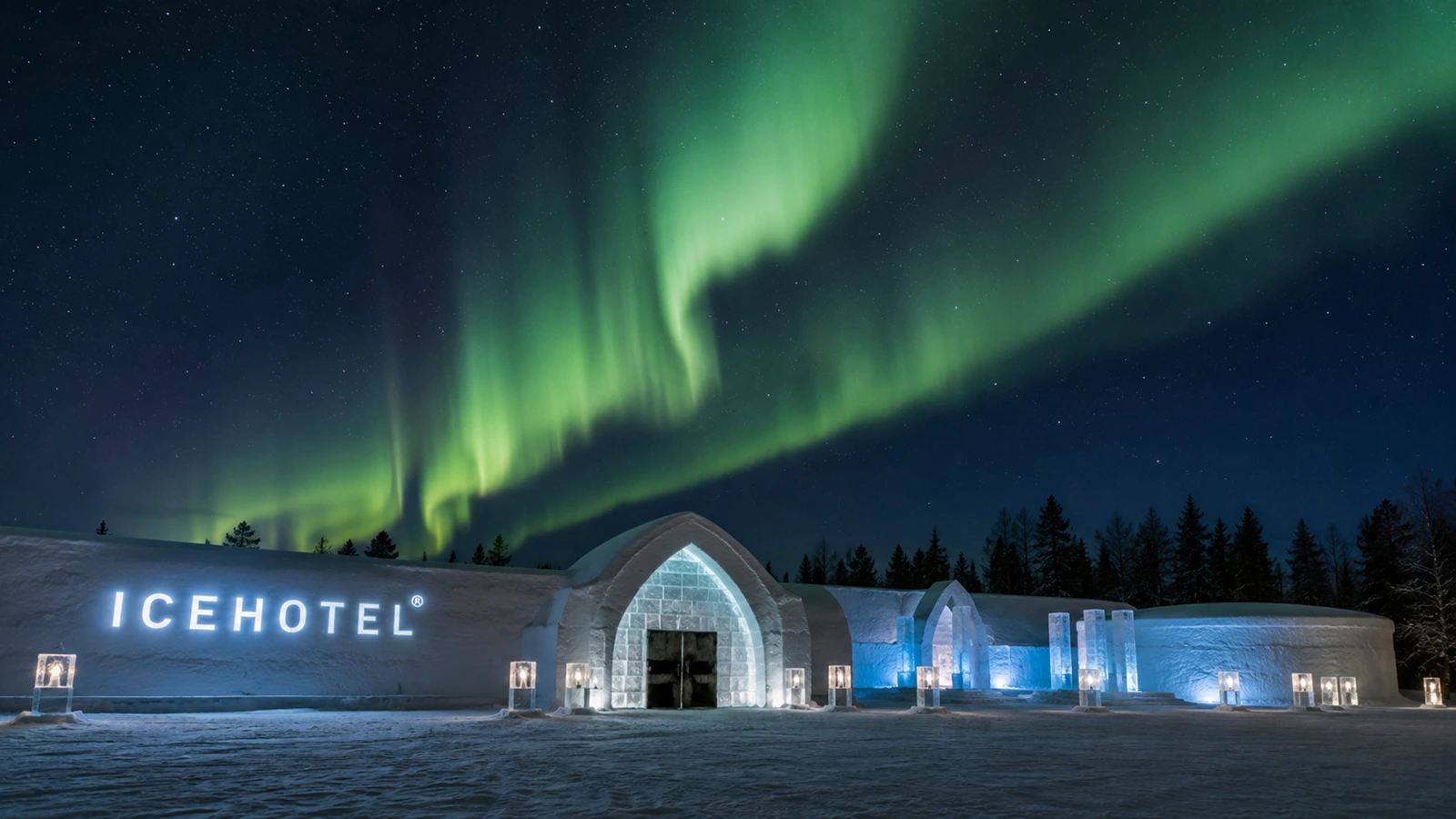 Northern Lights above ICEHOTEL in Jukkasjärvi near Kiruna
