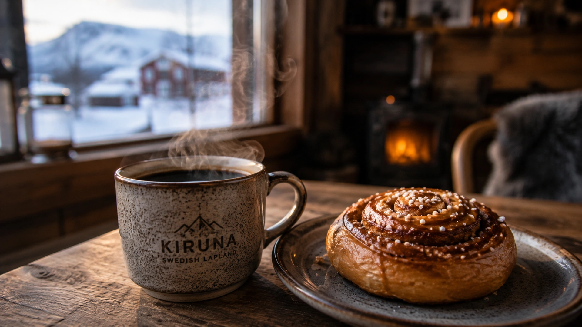Swedish fika with cinnamon bun and coffee in a cozy Kiruna café
