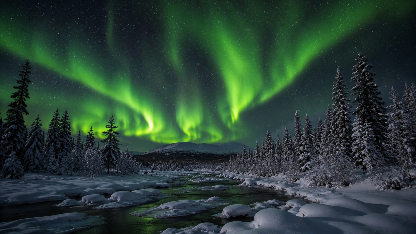 Northern Lights visible above the winter landscape near Kiruna