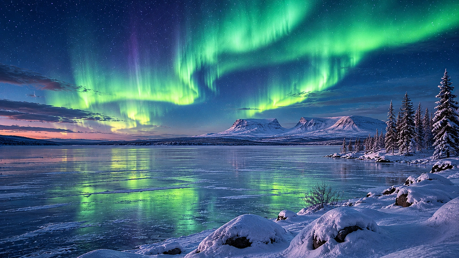 Northern Lights above Lake Torneträsk with Lapporten mountain in Swedish Lapland