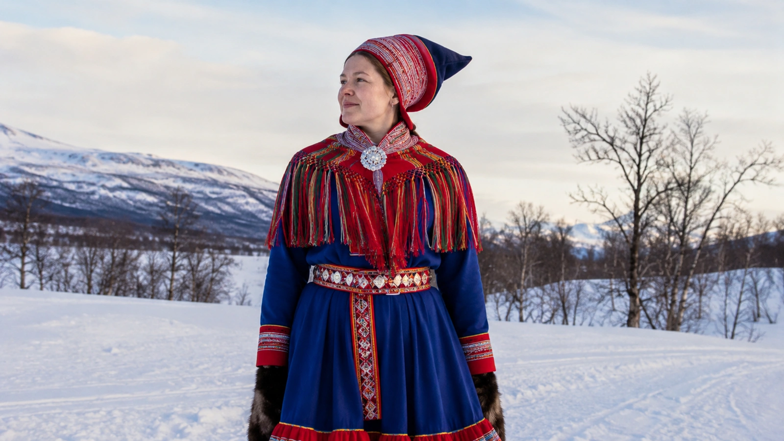 Traditional Sámi gákti clothing in Swedish Lapland