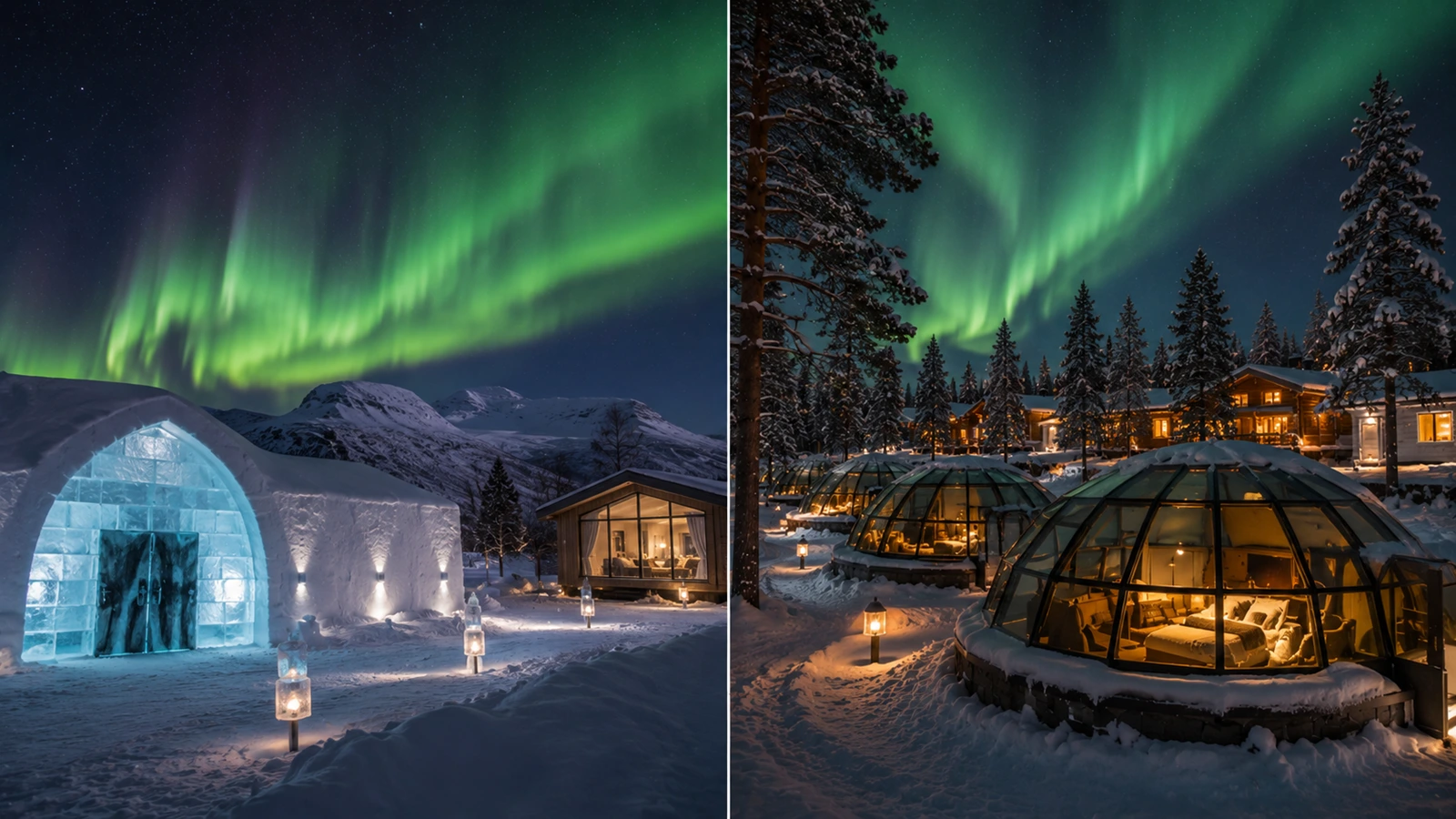 Comparison between ICEHOTEL and unique accommodation in Swedish Lapland and glass igloos in Finnish Lapland.