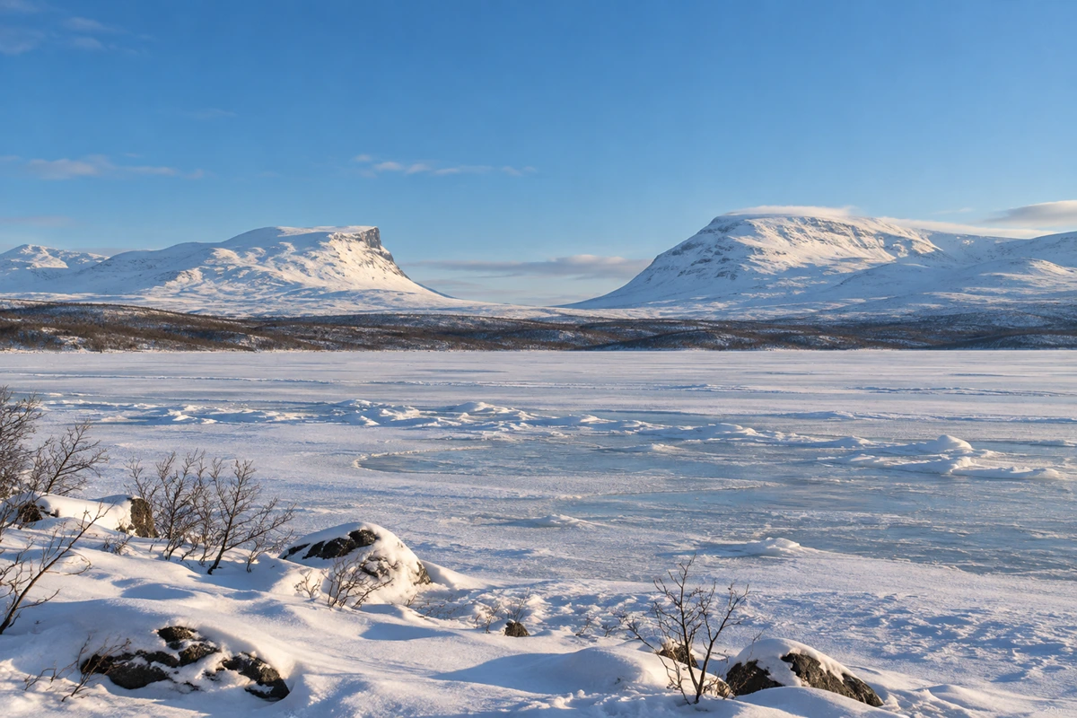 Mountain landscape around Abisko National Park and frozen Lake Torneträsk west of Kiruna.