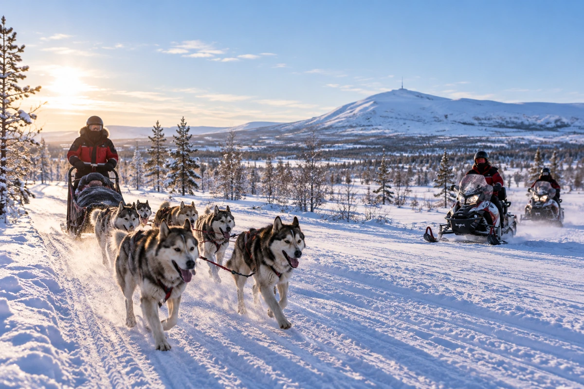 Dog sledding and snowmobile adventures through the winter wilderness surrounding Kiruna.