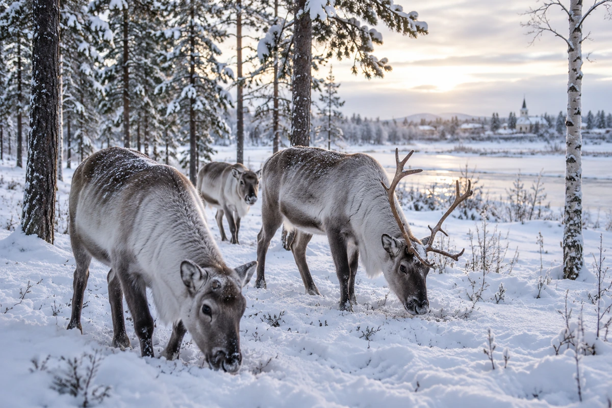 Reindeer in the winter landscape near Jukkasjärvi and Kiruna in Swedish Lapland.